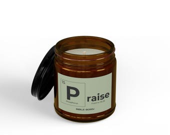 Bougie de soja parfumée - Psaumes « Praise » 18:28 pot ambré avec couvercle noir (4 oz et 9 oz)