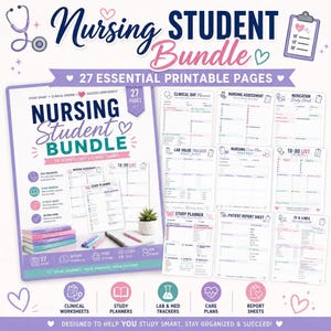 May include: A nursing student bundle featuring 27 printable pages including clinical day planners, nursing assessment forms, medication study sheets, lab value trackers, nursing care plans, to-do lists, study planners, patient report sheets, and IV lines guides.