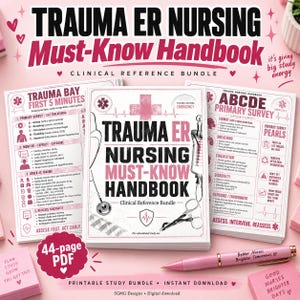 Puede incluir: Un manual de referencia clínica Trauma ER Nursing Must-Know Handbook en formato PDF de 44 páginas. La portada muestra ilustraciones médicas de un estetoscopio, un goteo intravenoso y tijeras, con protocolos de trauma y encuestas primarias.