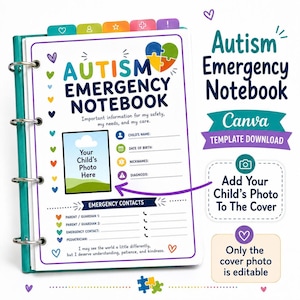Puede incluir: Una carpeta de tres anillas de color turquesa que contiene una plantilla de cuaderno de emergencia para el autismo. La portada presenta una pieza de rompecabezas en forma de corazón, iconos de corazones y campos para datos personales.