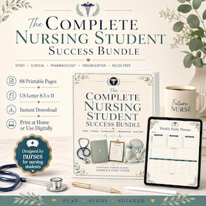 May include: The Complete Nursing Student Success Bundle includes 88 printable pages in 8.5 x 11 inch US Letter format. The set features a study planner, a stethoscope, a notebook, a medical model of a brain, and a mug labeled Future Nurse.