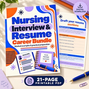Könnte beinhalten: Ein digitales Nursing Interview & Resume Career Bundle als 21-seitiges druckbares PDF. Das Deckblatt zeigt den Text Nursing Interview & Resume Career Bundle, Worked examples & practical preparation sowie Plan Prepare Succeed.