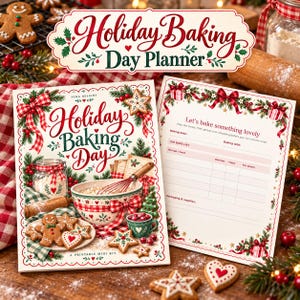 May include: A Holiday Baking Day Planner kit featuring a cover with red and green festive illustrations of gingerbread cookies, a mixing bowl, and a whisk. The interior page includes a printed table for tracking baking dates, recipes, batches, and yields.