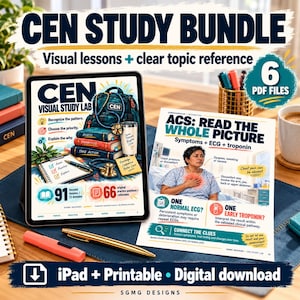 Peut inclure: Un ensemble d'étude numérique pour la certification CEN comprenant une tablette affichant un guide de laboratoire visuel et une page imprimée intitulée ACS: Read the Whole Picture. Le kit inclut 6 fichiers PDF pour iPad et impression, axés sur l'évaluation clinique, l'interprétation ECG et les symptômes cardiaques.
