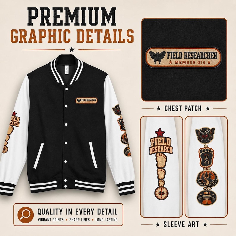 Cryptid Jacket, Patchwork Design Letterman Varsity with Bold Emblem image 4