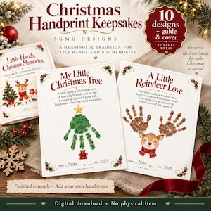 Könnte beinhalten: Ein Set aus 10 weihnachtlichen Handabdruck-Vorlagen, darunter My Little Christmas Tree und A Little Reindeer Love. Die Seiten bieten Platz für Namen und Jahreszahlen und sind mit festlichen Illustrationen von Stechpalmen und Rentieren verziert.