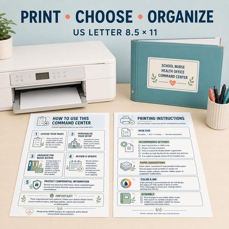 A teal binder with "SCHOOL NURSE HEALTH OFFICE COMMAND CENTER" on the cover, next to instructions for using the planner.