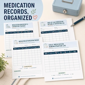 Four pages from a school nurse planner, including "MEDICATION RECORDS, ORGANIZED & TRACKED" and "DAILY MEDICATION ADMINISTRATION LOG."