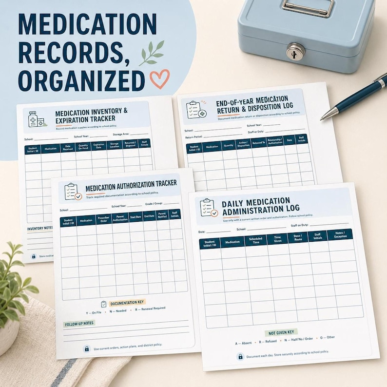 Four pages from a school nurse planner, including "MEDICATION RECORDS, ORGANIZED & TRACKED" and "DAILY MEDICATION ADMINISTRATION LOG."