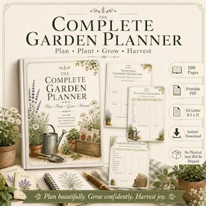 Può includere: The Complete Garden Planner è un documento PDF stampabile di 100 pagine. Presenta una copertina con illustrazioni botaniche, un annaffiatoio e bustine di semi. Include pagine per panoramiche stagionali, calendari di semina e piani di budget.