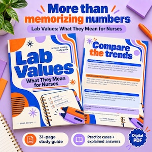 以下が含まれることがあります： Lab Values: What They Mean for Nursesというタイトルの看護師向け視覚学習ガイド。スパイラルノートのイラスト、オレンジと紫の蛍光ペン、そして臨床ケーススタディのテキストが記載されたCompare the trendsというタイトルの2ページ目が含まれています。