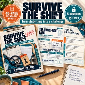 Puede incluir: Un paquete imprimible de 40 páginas para un escape room de enfermería titulado Survive the Shift. El conjunto incluye historiales de pacientes, etiquetas de evidencia, un candado de combinación metálico y hojas de misiones con acertijos médicos.