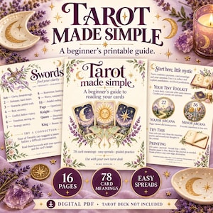Może przedstawiać: Przewodnik do tarota do druku zatytułowany Tarot Made Simple, zawierający stronę tytułową z trzema kartami tarota i ilustracją ćmy, otoczoną dwiema stronami informacyjnymi opisującymi znaczenia kart oraz wielkie i małe arkana.