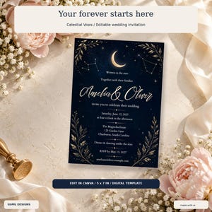 May include: A rectangular wedding invitation template featuring a dark navy blue background with a gold crescent moon, constellations, and botanical illustrations. The text includes names Amelia & Oliver, date June 12, 2027, and location details.
