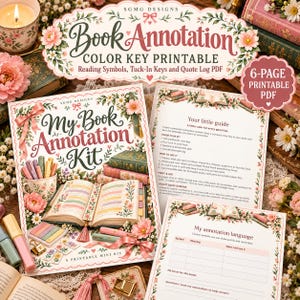 Op de afbeelding: Een 6-pagina's tellende printbare PDF-set voor boekannotaties met bloemenranden, roze linten en tekst waaronder My Book Annotation Kit en Book Annotation Color Key Printable. De pagina's tonen leessymbolen, insteekkaarten en citaten.