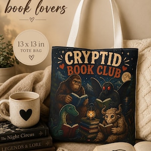 Cryptid Book Club Tote, Monster Reading Illustration | Sasquatch Mothman Chupacabra