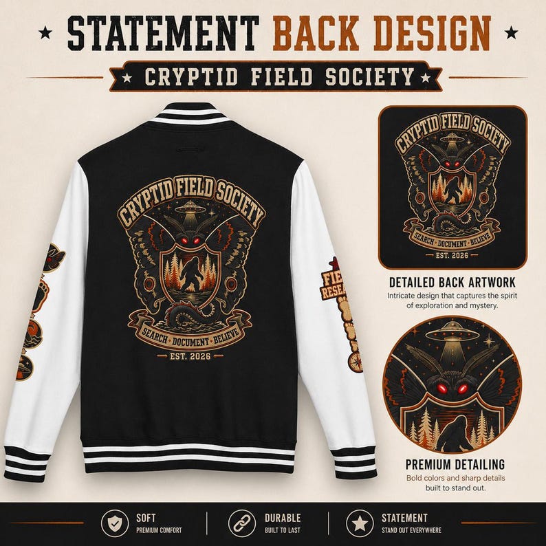 Cryptid Jacket, Patchwork Design Letterman Varsity with Bold Emblem image 3