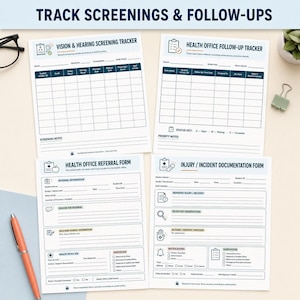 Three school nurse planner pages, including "VISION & HEARING SCREENING TRACKER" and "HEALTH OFFICE REFERRAL FORM."