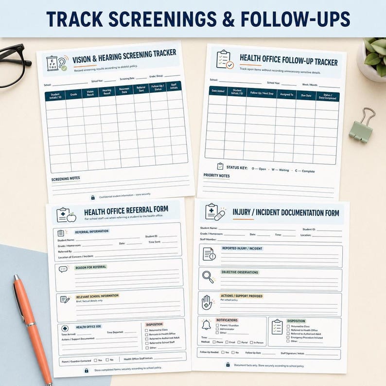 Three school nurse planner pages, including "VISION & HEARING SCREENING TRACKER" and "HEALTH OFFICE REFERRAL FORM."