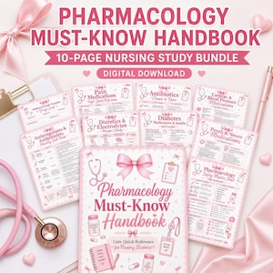 Pode incluir: Um pacote de estudo de enfermagem de 10 páginas sobre farmacologia em download digital com folhas de referência em tons de rosa. O manual inclui tópicos como analgésicos, antibióticos, medicamentos cardíacos, diabetes e psicofármacos.