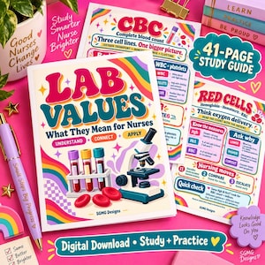 Könnte beinhalten: Ein 41-seitiger Lernleitfaden für Pflegekräfte mit dem Titel Lab Values What They Mean for Nurses, der bunte Illustrationen von Reagenzgläsern, einem Mikroskop und roten Blutkörperchen zeigt. Der Leitfaden enthält Lehrtext, Regenbogenakzente und einen passenden lila Stift.