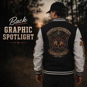 Cryptid Jacket, Patchwork Design Letterman Varsity with Bold Emblem image 9
