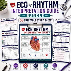 May include: An ECG Rhythm Interpretation Guide bundle featuring 58 printable study sheets. The central clipboard displays a diagram of a human heart with medical terminology, alongside various reference cards covering sinus rhythms, ACLS medications, heart blocks, STEMI recognition, and practice strips.