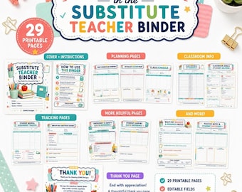 Substitute Teacher Binder Digital Download with 29 Printable Pages