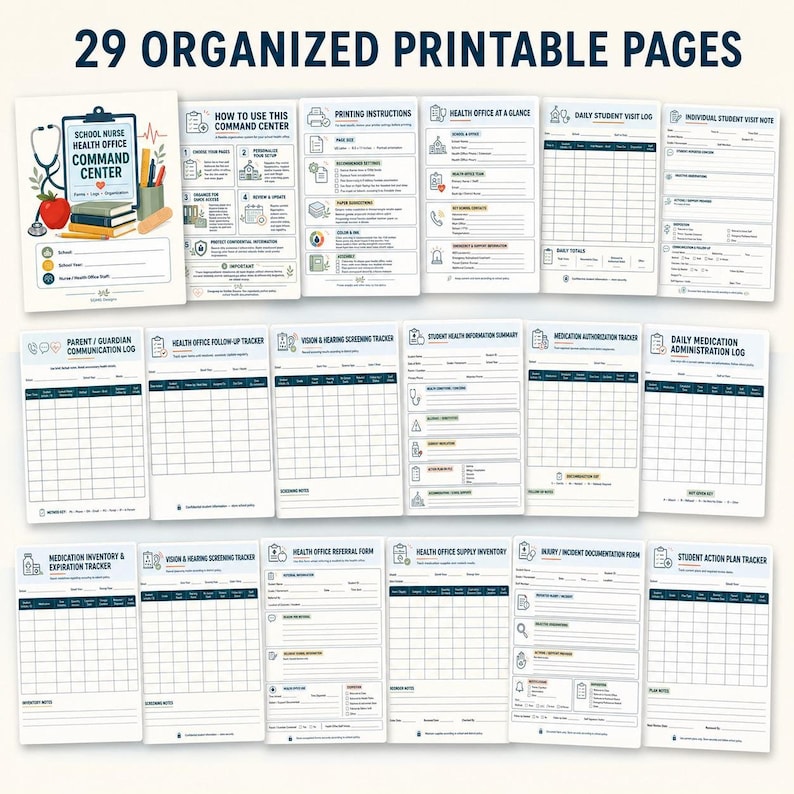 A flat lay of 12 different school nurse planner pages, including "HEALTH OFFICE AT A GLANCE" and "DAILY STUDENT VISIT LOG."