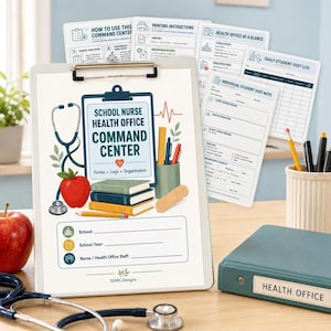 A school nurse planner with a red apple, stethoscope, and pencils in a cup, next to a teal binder titled "HEALTH OFFICE."