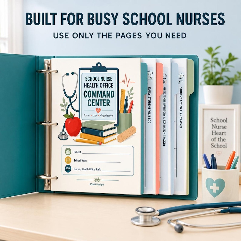 An open teal binder with a school nurse planner cover, showing tabs for "DAILY STUDENT VISIT LOG" and "MEDICATION INVENTORY."