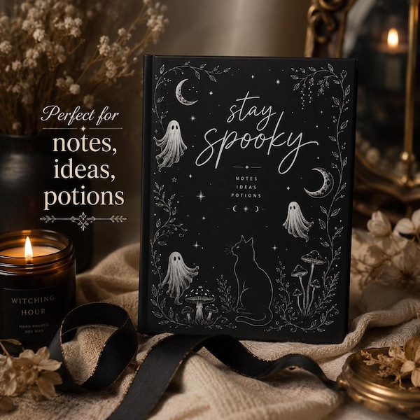 Halloween-Notizbuch mit mattem Hardcover, gruseliges Katzen- und Geistermotiv