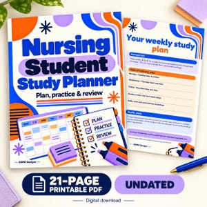 Puede incluir: Un planificador de estudios para estudiantes de enfermería en PDF imprimible con gráficos ondulados en azul, naranja y morado, un calendario semanal y una lista de verificación. El texto dice Nursing Student Study Planner y SGMG Designs.