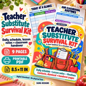 May include: A Teacher Substitute Survival Kit printable PDF set featuring 9 pages, 8.5 x 11 inches in size. The cover displays a red bag with school supplies, a bell, and an apple, with text including Today at a Glance and Classroom Routines.