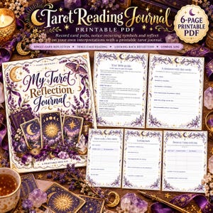 May include: A printable tarot reading journal PDF kit featuring purple and gold celestial illustrations. The set includes a cover page titled My Tarot Reflection Journal, instruction sheets, and various log pages for card readings, reflections, and symbol tracking.