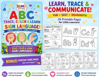 ASL Printable Alphabet Coloring Book, Fun Sign Language Tracing Worksheets