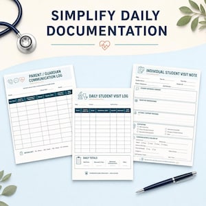 Two school nurse planner pages, titled "PARENT / GUARDIAN COMMUNICATION LOG" and "INDIVIDUAL STUDENT VISIT NOTE."