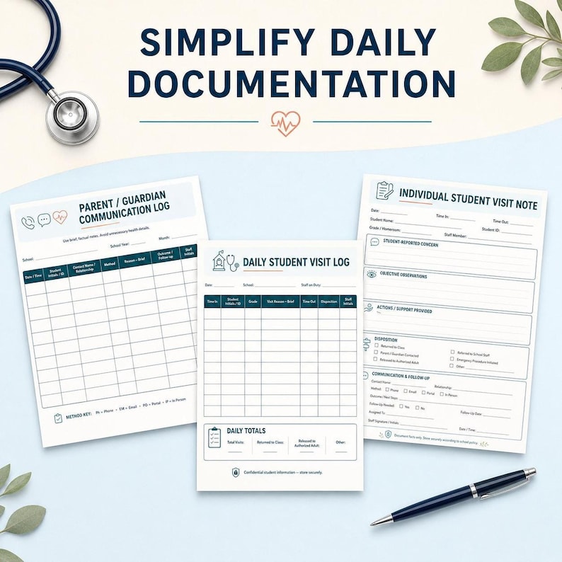 Two school nurse planner pages, titled "PARENT / GUARDIAN COMMUNICATION LOG" and "INDIVIDUAL STUDENT VISIT NOTE."