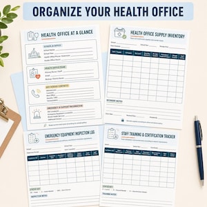 Three school nurse planner pages, including "HEALTH OFFICE AT A GLANCE," "HEALTH OFFICE SUPPLY INVENTORY," and "STAFF TRAINING & CERTIFICATION TRACKER."