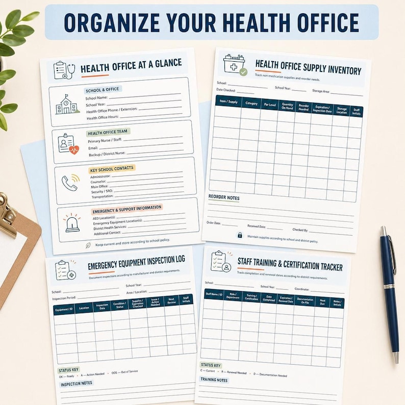 Three school nurse planner pages, including "HEALTH OFFICE AT A GLANCE," "HEALTH OFFICE SUPPLY INVENTORY," and "STAFF TRAINING & CERTIFICATION TRACKER."