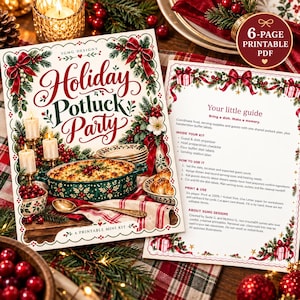 Könnte beinhalten: Ein 6-seitiges, druckbares PDF-Set für eine Feiertags-Potluck-Party mit festlichen rot-grünen botanischen Illustrationen, Schleifen und Stechpalmen. Das Deckblatt zeigt den Text Holiday Potluck Party, die zweite Seite enthält eine Anleitung.