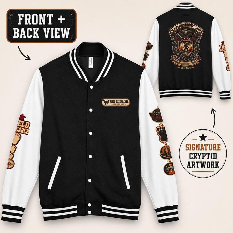 Cryptid Jacket, Patchwork Design Letterman Varsity with Bold Emblem image 2