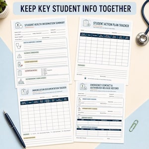 Two school nurse planner pages, titled "STUDENT HEALTH INFORMATION SUMMARY" and "STUDENT ACTION PLAN TRACKER."