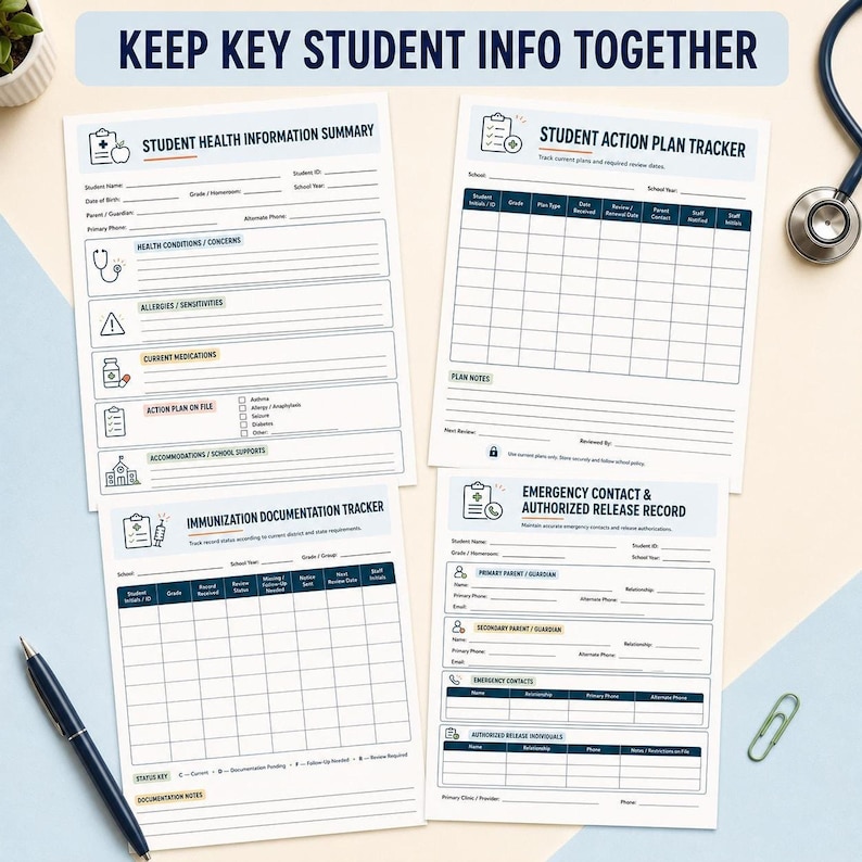 Two school nurse planner pages, titled "STUDENT HEALTH INFORMATION SUMMARY" and "STUDENT ACTION PLAN TRACKER."