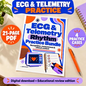Puede incluir: Un PDF de 21 páginas titulado ECG & Telemetry Rhythm Practice Bundle con 4 casos de práctica. La portada muestra un icono de monitor cardíaco, una lista de verificación y dos marcadores. El texto incluye Recognition, measurement & clinical context.