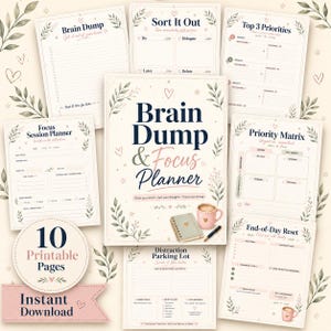 Può includere: Una raccolta di dieci pagine di pianificazione stampabili con una copertina Brain Dump & Focus Planner, inclusi fogli per priorità, sessioni di concentrazione e tracciamento delle distrazioni, con testo blu scuro e motivi a foglie.