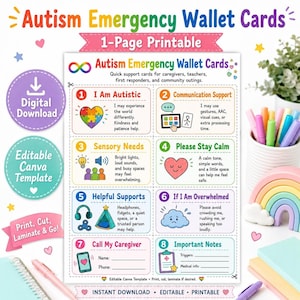 Autism Wallet Card, 1-Page Printable Emergency Support, Digital Download for Quick Access