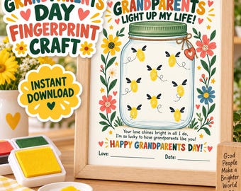 May include: A framed Grandparents Day fingerprint craft print featuring a mason jar illustration with yellow fingerprint bees, floral borders, and the text: Grandparents light up my life! Your love shines bright in all I do, I'm so lucky to have grandparents like you! Happy Grandparents Day!