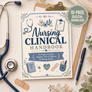 Pode incluir: Um manual clínico de enfermagem de 10 páginas para download digital com capa creme, texto azul, ilustração de estetoscópio, prancheta médica, caderno, ícone de coração EKG, curativo e detalhes florais em tons de azul e verde.