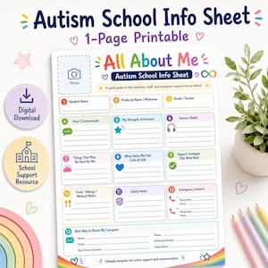 Autism School Sheet, 1-Page Printable Info for Caregivers